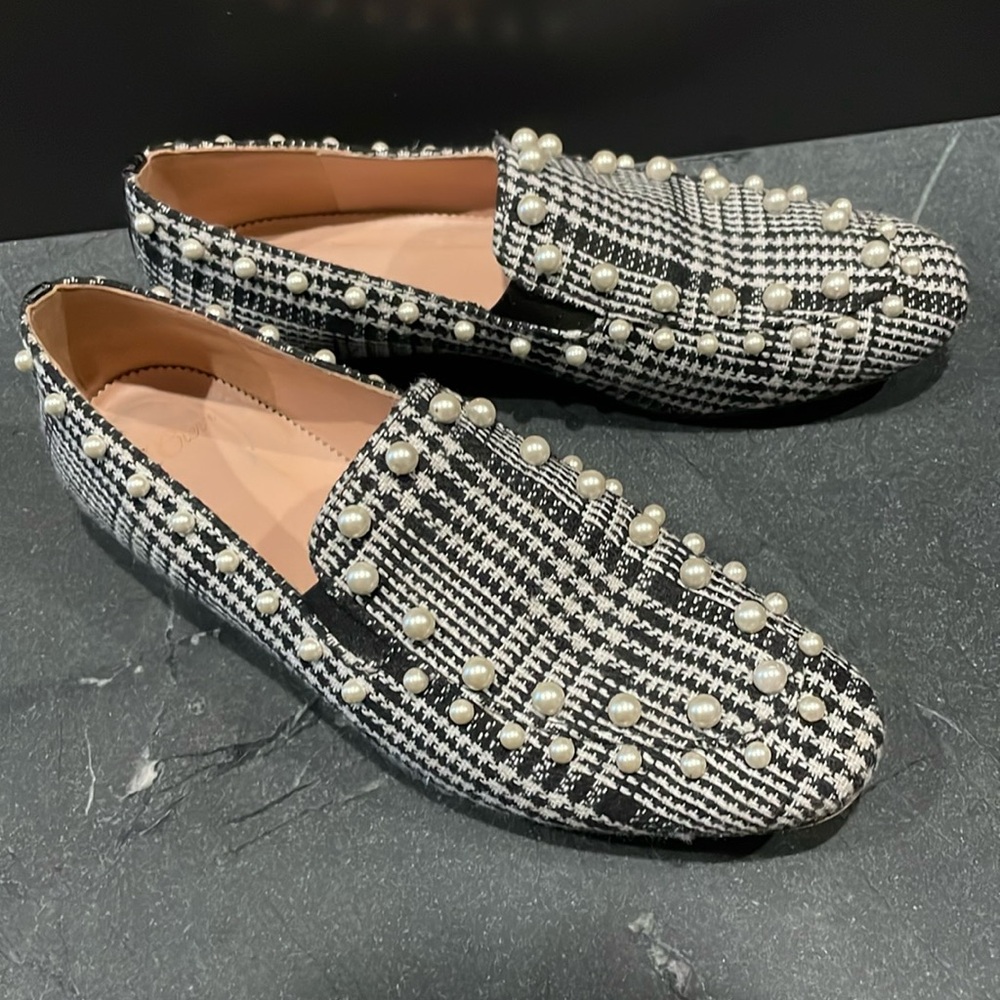J.Crew black-and-white plaid pearl embellished women’s loafers